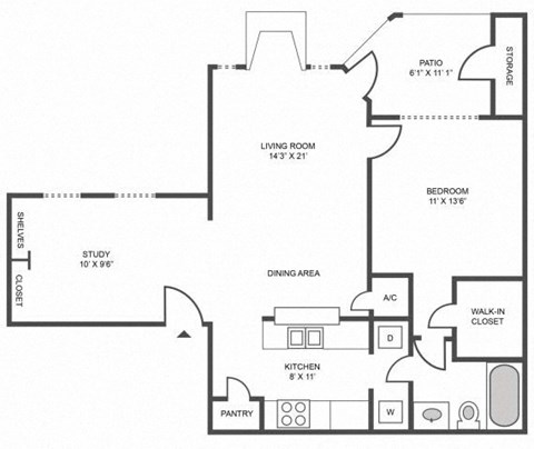 Floor plan for 1 bed, 1 bath, 818 sqft